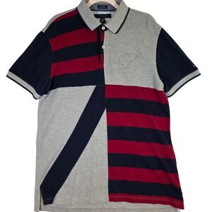 TOMMY HILFIGER Men's L Gray Colorblock Rugby Polo 2010s Preppy Ivy Style